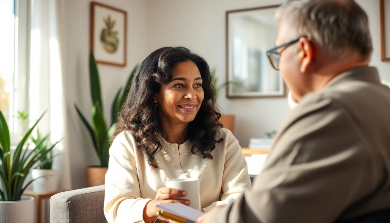 Therapist aids in dealing with anxiety in a calming office environment.