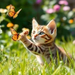 Adorable Bengal kitten playing outdoors showcases Bengal Breeders Orange County's beautiful cats.
