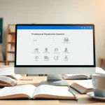 Analyze text for originality using a plagiarism detector on a computer screen in an academic environment.