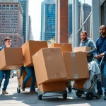 Movers from a New York City moving company efficiently carrying boxes during a residential move.