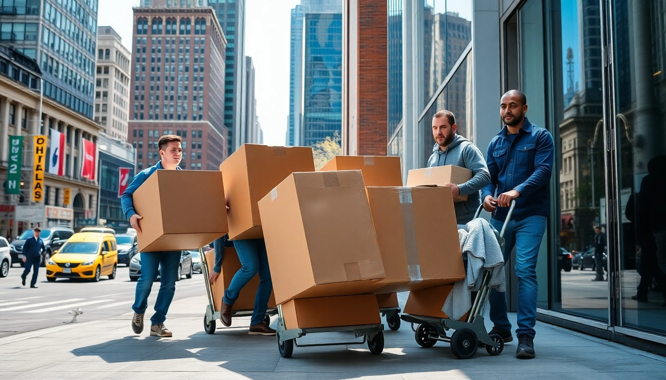 Movers from a New York City moving company efficiently carrying boxes during a residential move.