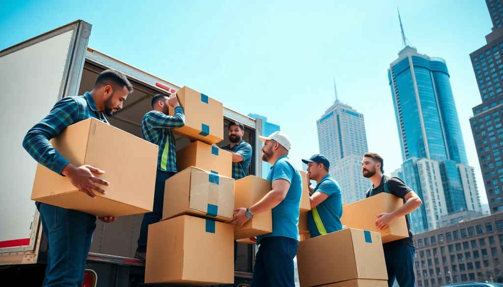 Moving company nyc team efficiently loading boxes into a truck against NYC skyline.