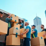 Moving company nyc team efficiently loading boxes into a truck against NYC skyline.