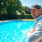 Expert assessing a pool during a pool service near me, showcasing professional maintenance.