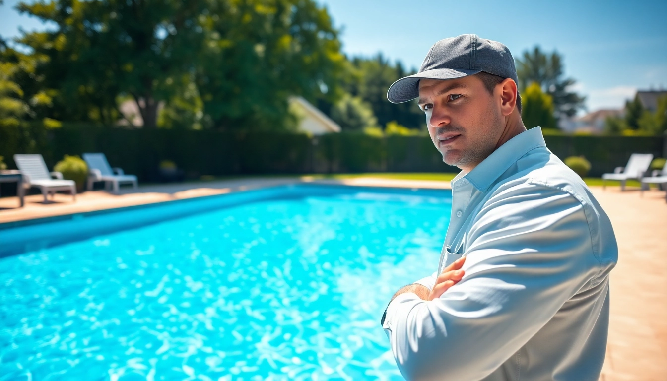 Expert assessing a pool during a pool service near me, showcasing professional maintenance.