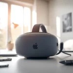 Buy Apple Vision Pro headset displayed on a modern desk with natural lighting.