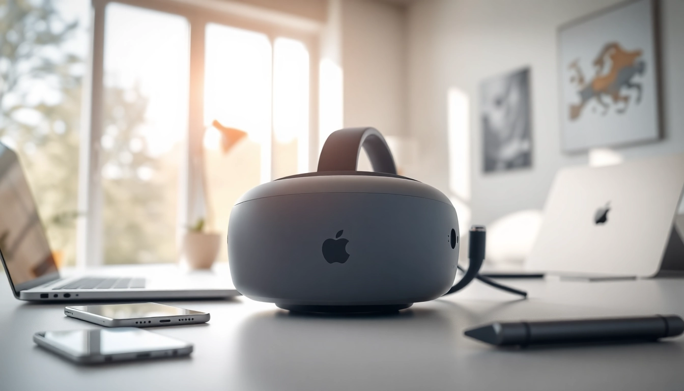 Buy Apple Vision Pro headset displayed on a modern desk with natural lighting.