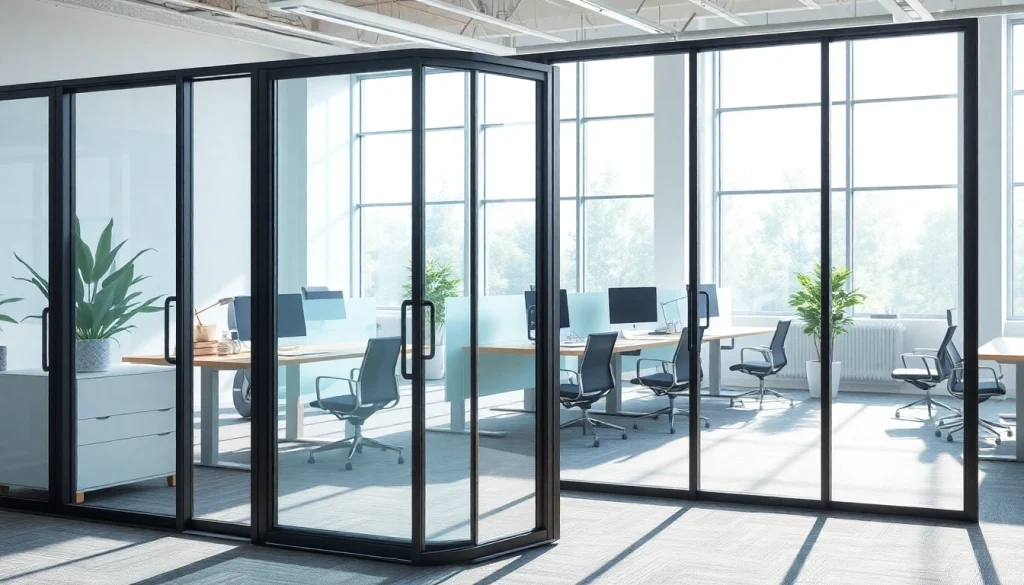 Showcasing movable glass partitions in an office space, enhancing flexibility and openness.