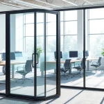 Showcasing movable glass partitions in an office space, enhancing flexibility and openness.