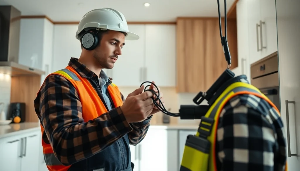 Electrician conducting a thorough Electrical Service installation in a modern kitchen.