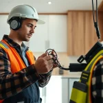 Electrician conducting a thorough Electrical Service installation in a modern kitchen.