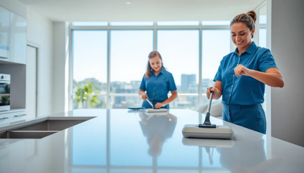 Professional bond cleaning Brisbane team efficiently cleaning a bright apartment.
