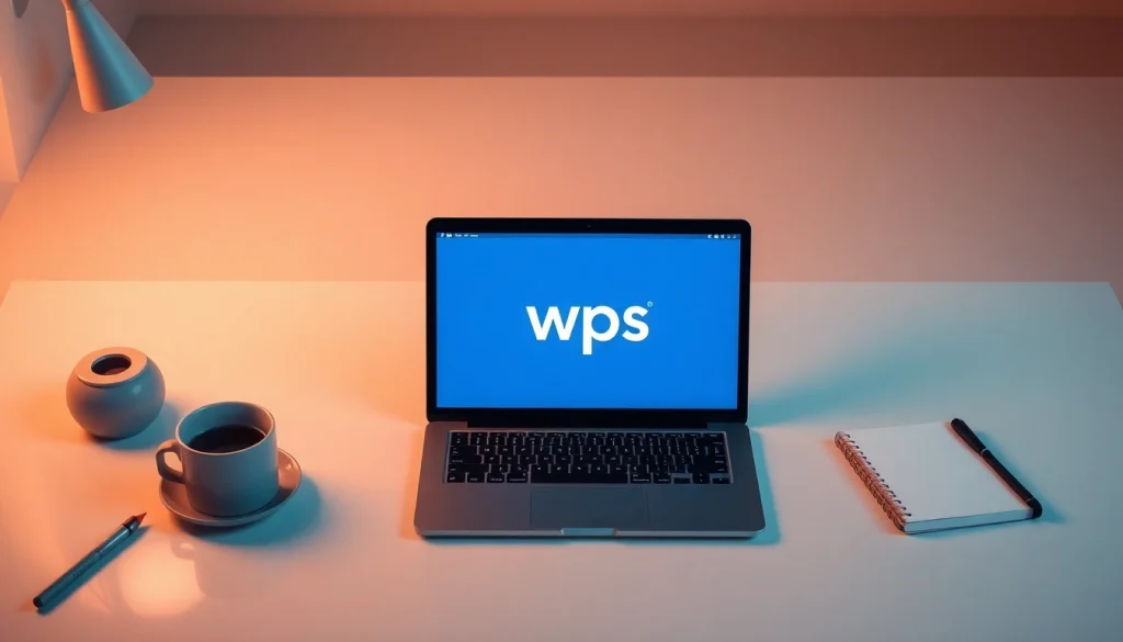 Showcase the innovative features of wps中文版 in a modern office setting with a laptop and coffee.