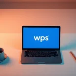 Showcase the innovative features of wps中文版 in a modern office setting with a laptop and coffee.
