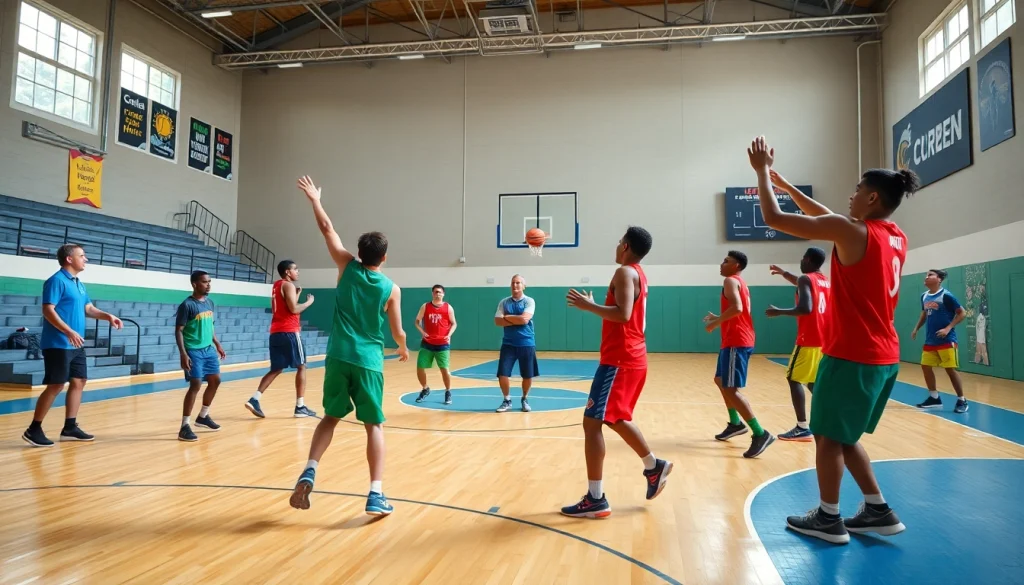 Boys and girls engaging in basketball training programs near me, improving skills in a dynamic gym environment.