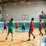 Boys and girls engaging in basketball training programs near me, improving skills in a dynamic gym environment.