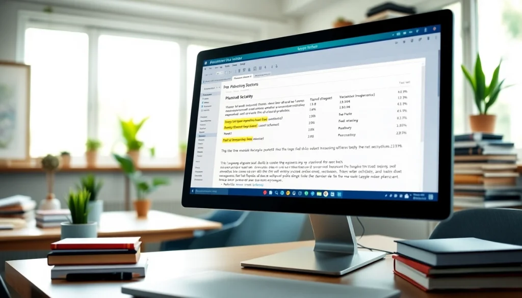 Utilize a plagiarism detector tool displayed on a computer screen with analysis results in a well-organized workspace.