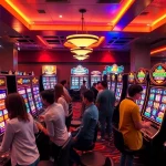 Judi slot online batman138 dengan mesin slot berwarna cerah dan pemain yang bersemangat.
