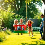 Family having fun with a GARDEN ZIP WIRE KIT in a sunny backyard.