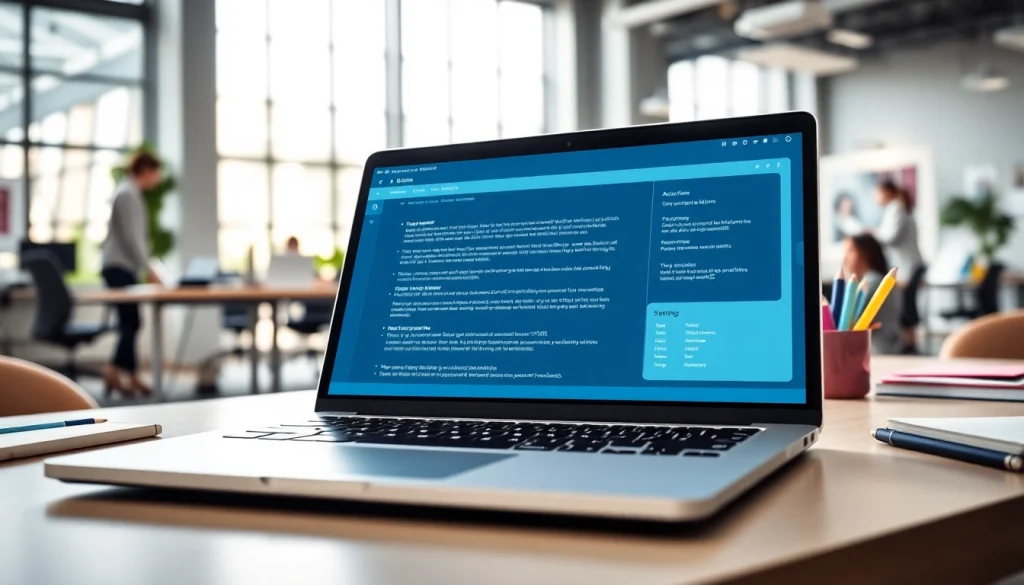 An AI checker interface displaying text analysis results on a modern laptop in a vibrant office.