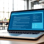 An AI checker interface displaying text analysis results on a modern laptop in a vibrant office.