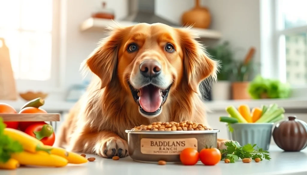 Dog relishing a bowl of badlands ranch superfood complete amidst fresh produce in a sunny kitchen.