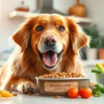 Dog relishing a bowl of badlands ranch superfood complete amidst fresh produce in a sunny kitchen.