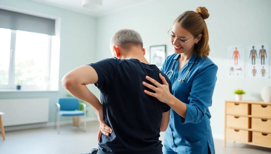 Behandeln von Rückenschmerzen durch einen Physiotherapeuten in einer modernen Behandlungseinrichtung