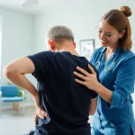 Behandeln von Rückenschmerzen durch einen Physiotherapeuten in einer modernen Behandlungseinrichtung