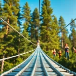 Experience exciting ZIP WIRE KITS in a scenic forest, featuring sturdy zip wire setups and vibrant harnesses.