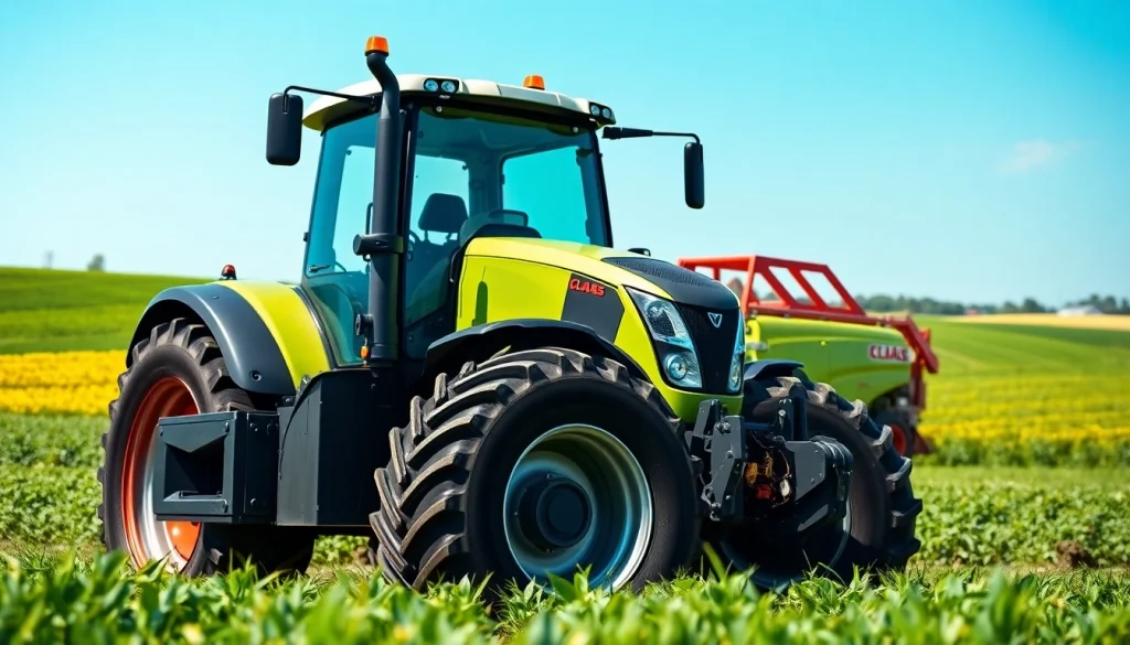Claas Traktor in einem modernen Bauernhof mit lebhaften Feldern im Hintergrund präsentieren.