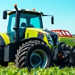 Claas Traktor in einem modernen Bauernhof mit lebhaften Feldern im Hintergrund präsentieren.