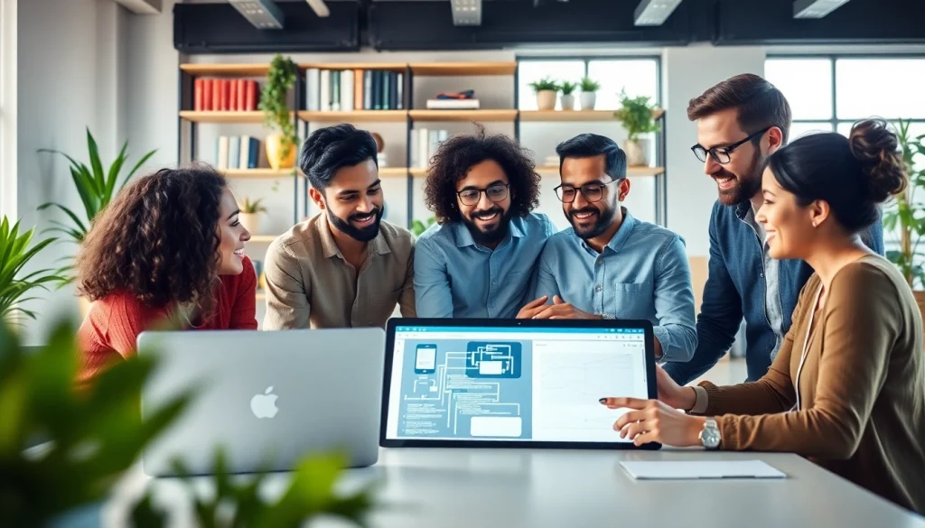 Developers collaborating on innovative web development projects in a modern workspace.
