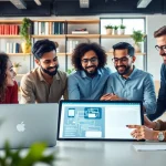 Developers collaborating on innovative web development projects in a modern workspace.