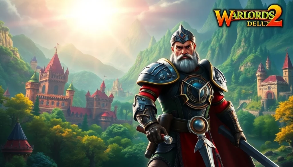Download Warlords 2 Deluxe featuring a vibrant game character in an epic fantasy setting.