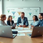 Engaged group discussing Funnels for coaches in a bright, modern office setting.