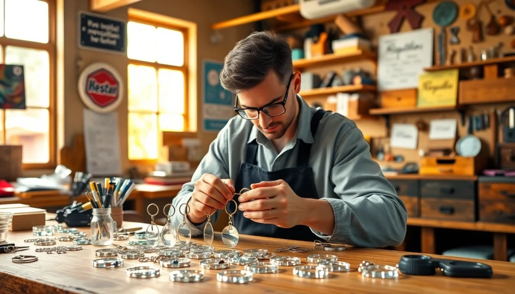 Crafting custom acrylic keychains by an expert acrylic keychain maker in a bright workshop.