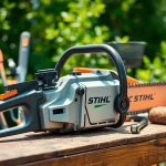 Stihl Kettensäge und Gartenwerkzeuge in einem sonnigen Außenbereich arrangiert.