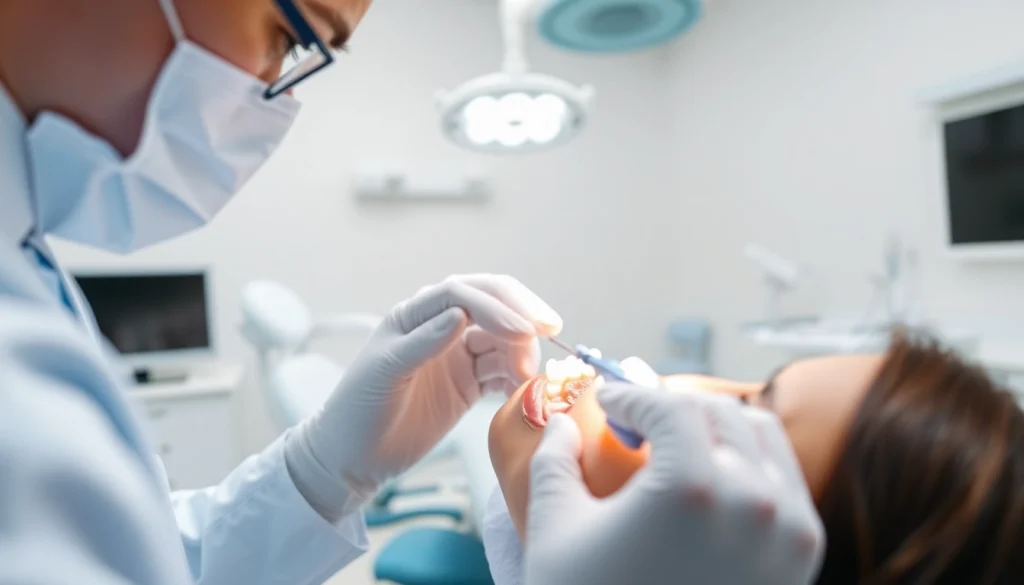 Applying crowns in a modern dental clinic with professional equipment and a caring atmosphere.