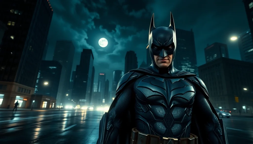 Gameplay action in game batman138, depicting Batman standing heroically in Gotham's shadowy streets.
