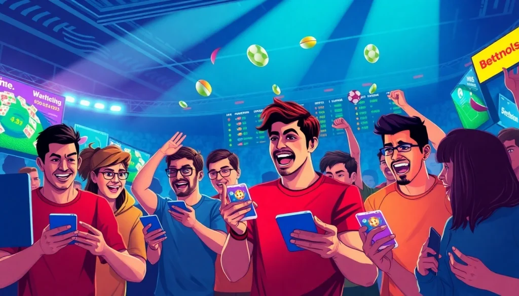 Situs judi bola: Players engaged in an online betting experience showcasing excitement and interaction with platforms.