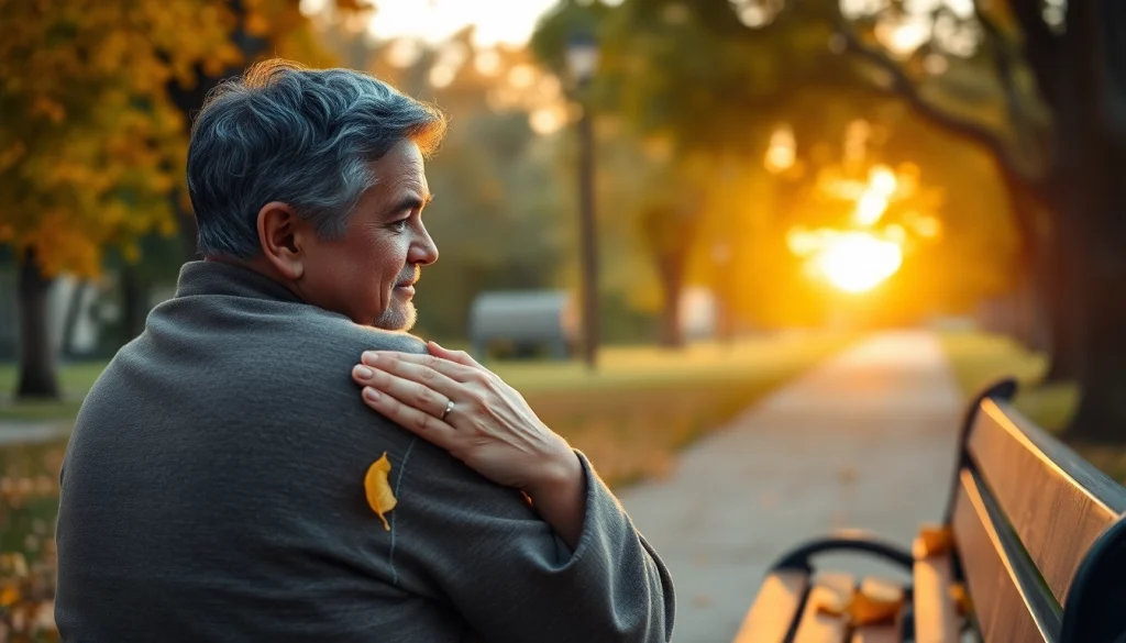 Supportive scene of a therapist helping someone dealing with grief in a peaceful park.