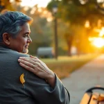 Supportive scene of a therapist helping someone dealing with grief in a peaceful park.