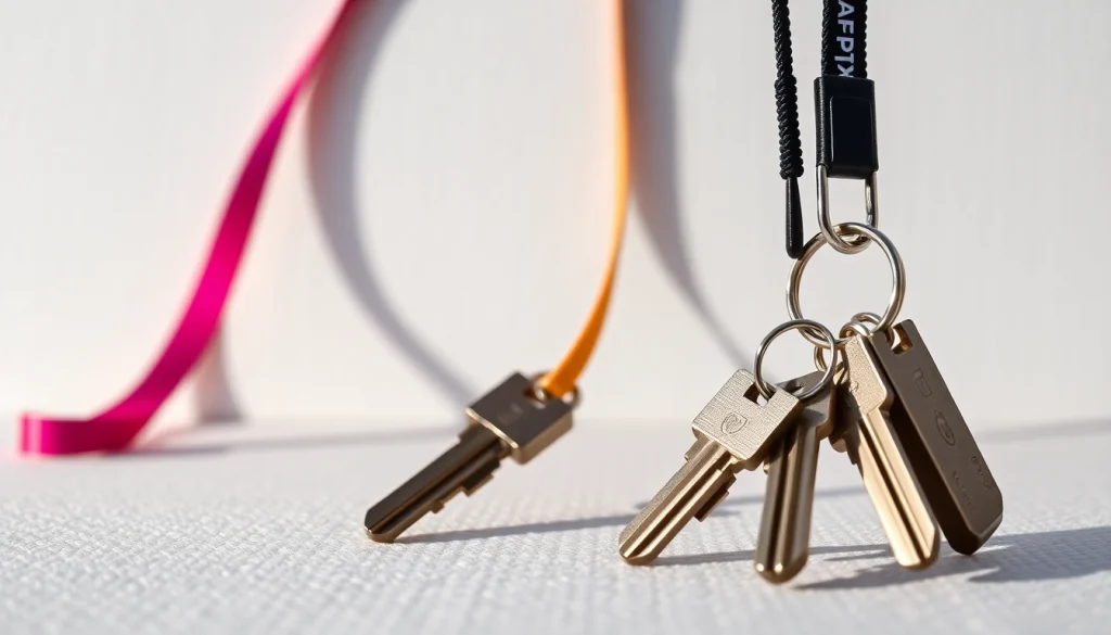Lanyard keychain featuring a colorful design with attached keys, highlighting its stylish functionality.