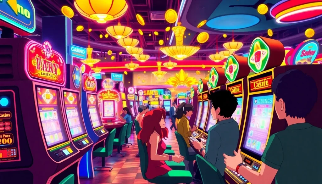 Permainan game slot yang mengasyikkan dengan pemain bersemangat di kasino.