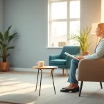 Psychiatrist consulting in a serene office environment with natural lighting.
