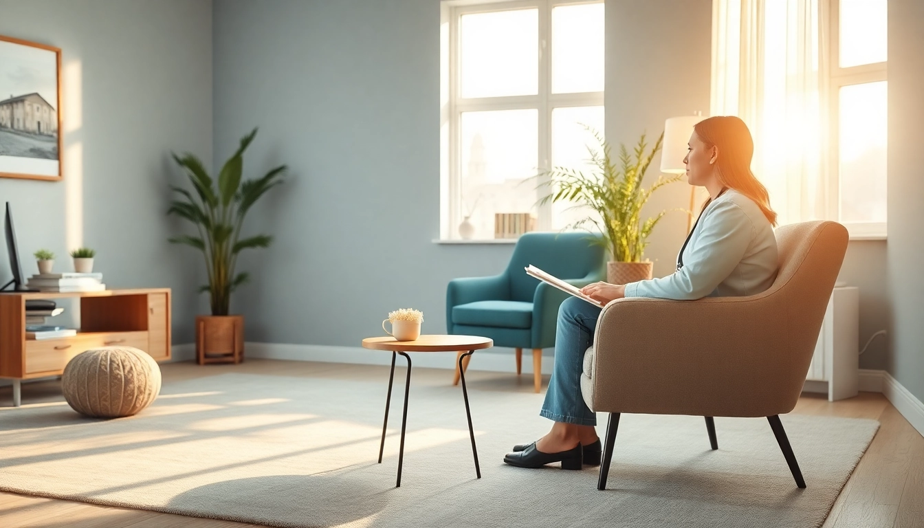 Psychiatrist consulting in a serene office environment with natural lighting.