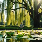 Person meditating under a willow tree in a peaceful park, dealing with stress.