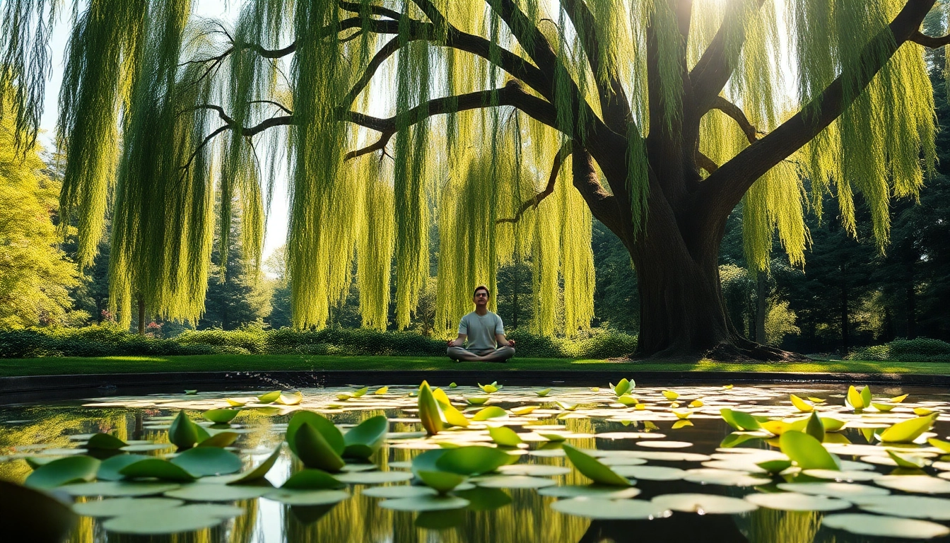 Person meditating under a willow tree in a peaceful park, dealing with stress.