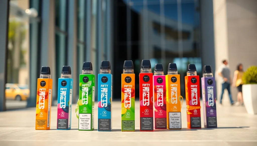 Experience the vibrant FIFTY BAR 6.5K disposable vapes with colorful flavors in a lively urban setting.